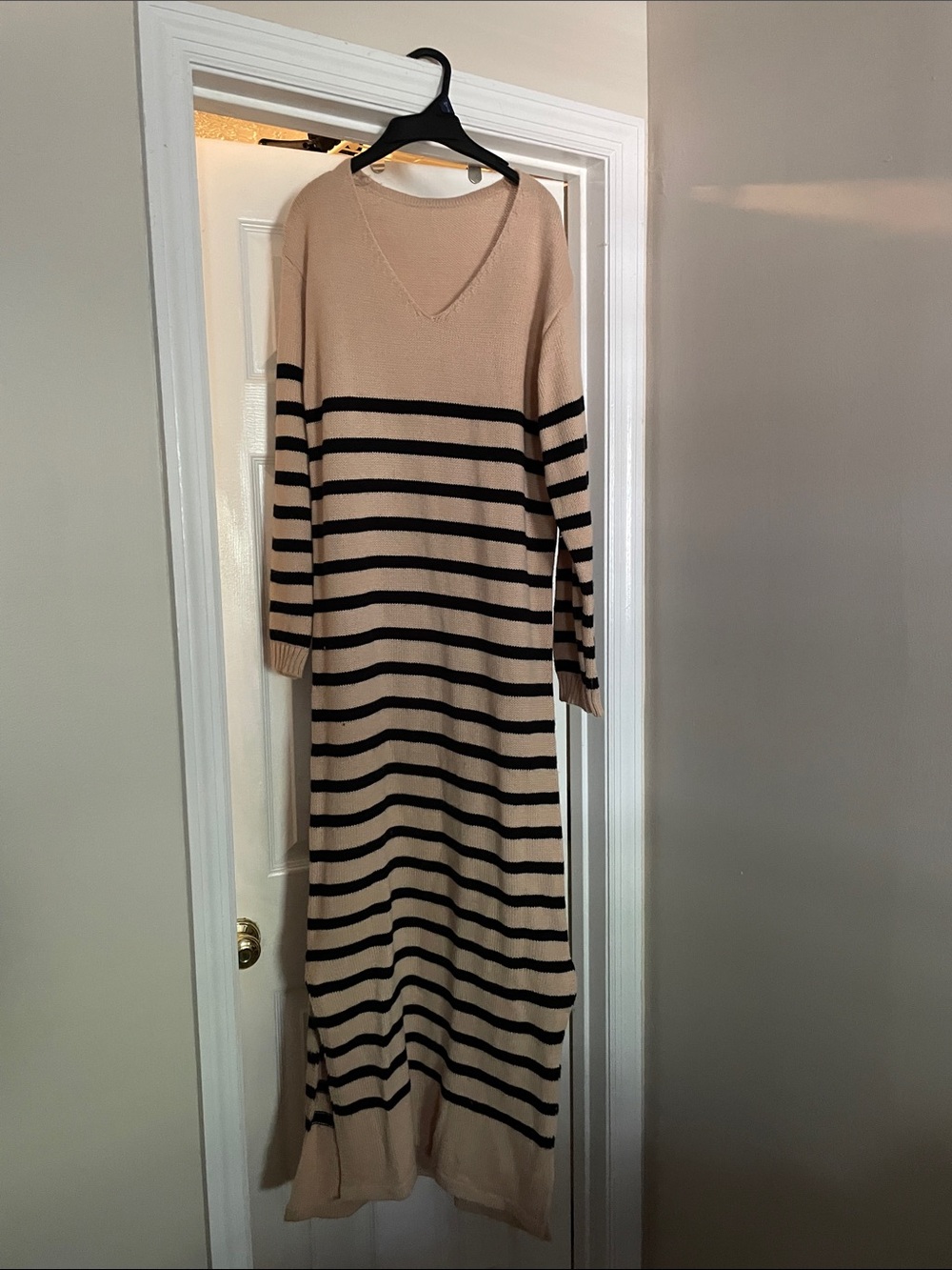 Striped Beige and Black Maxi Sweater Dress